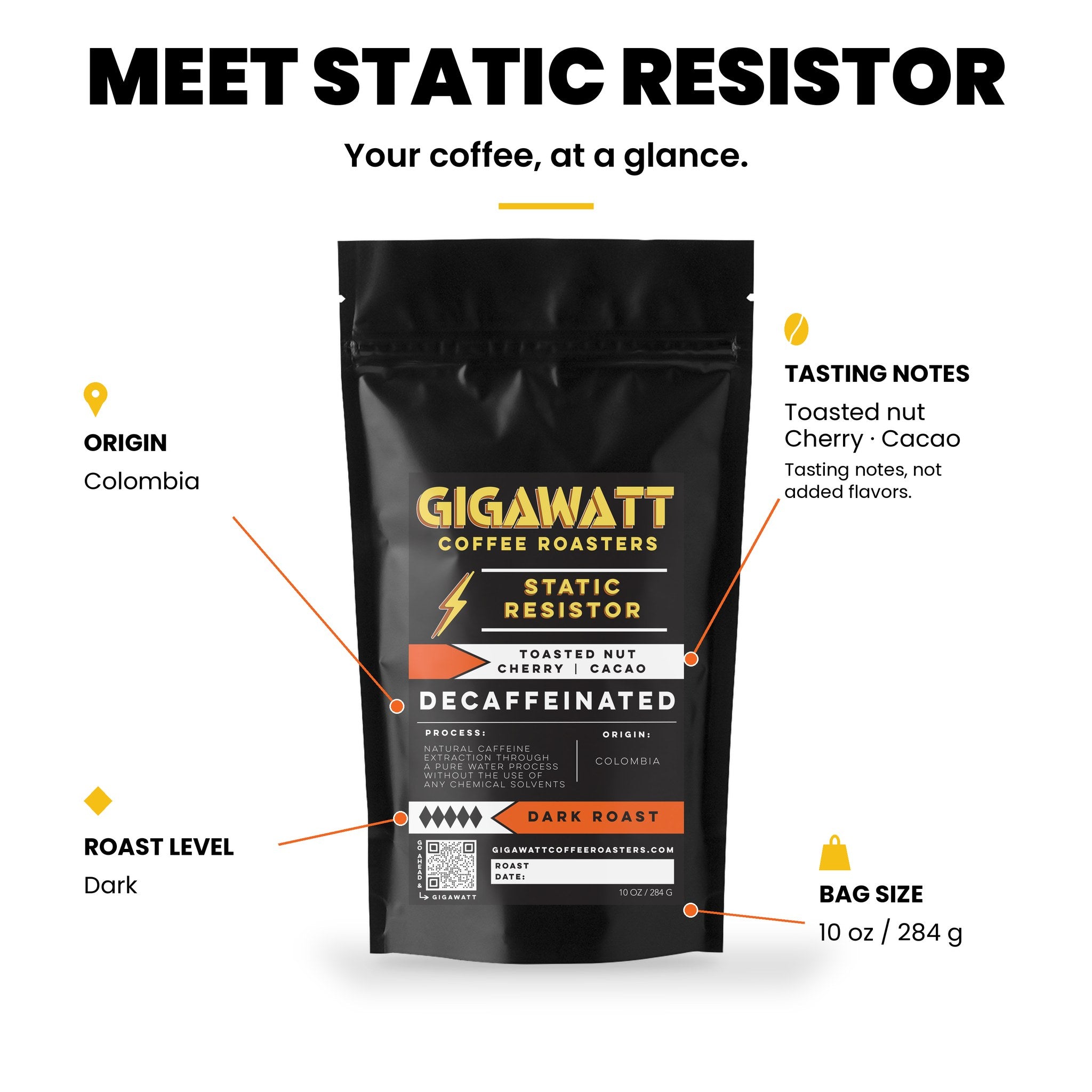 Gigawatt Static Resistor Decaf at a glance: Colombian water-processed decaf dark roast with toasted nut, cherry and cacao notes, no chemical solvents, 10 oz bag