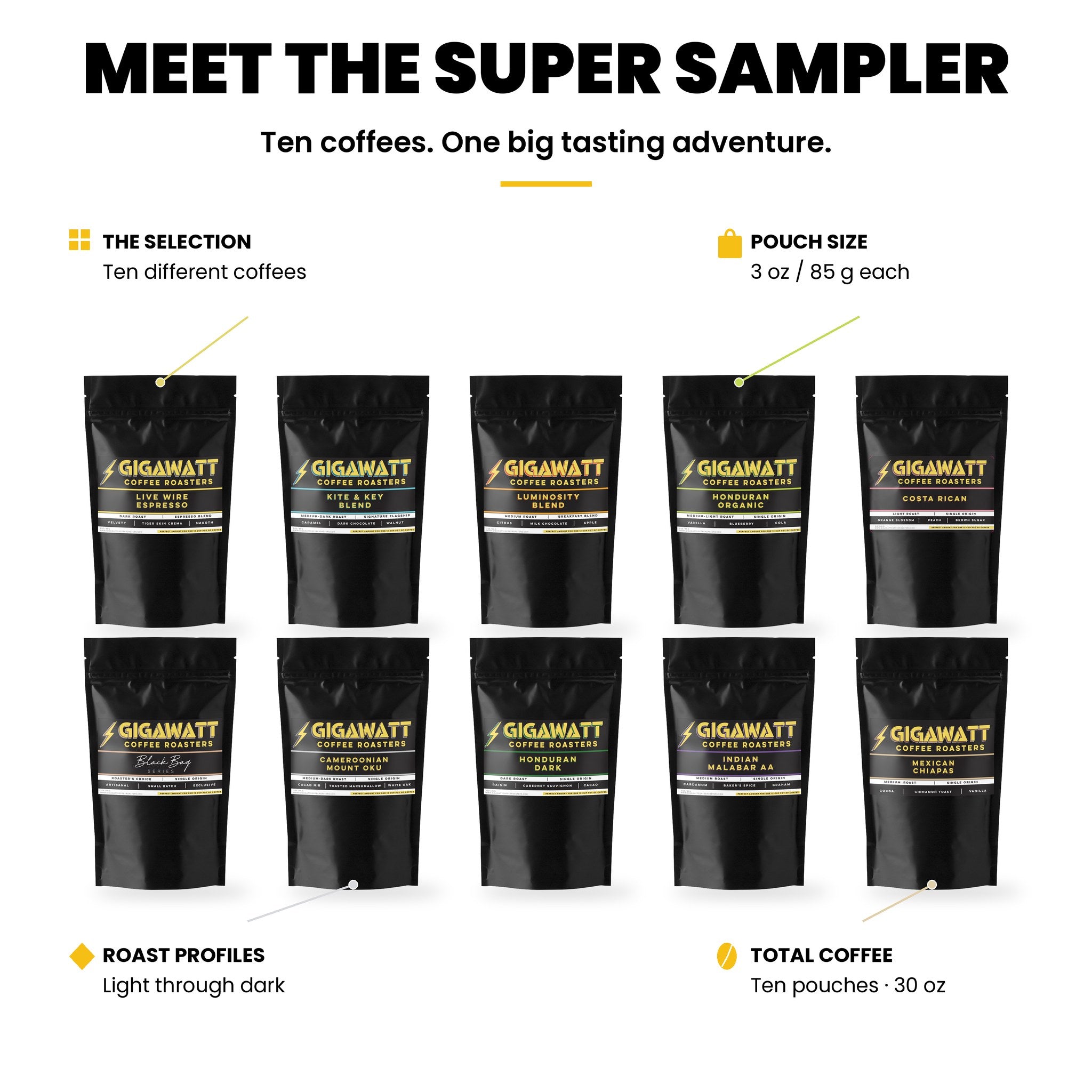 Gigawatt Super Sampler at a glance: ten 3 oz pouches, three blends and seven single origins, one pouch brews a 12-cup pot