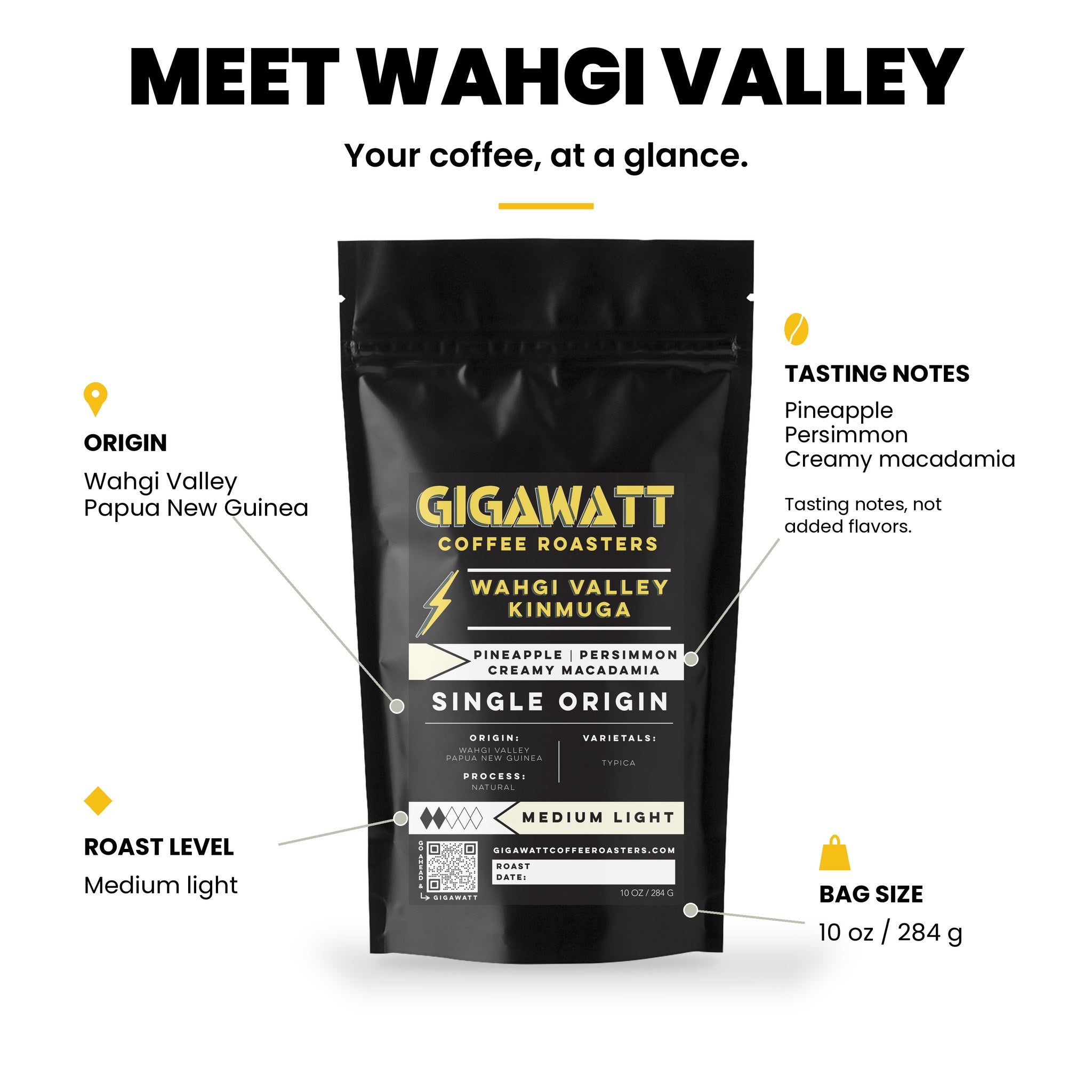 Gigawatt Wahgi Valley Papua New Guinea at a glance: single origin medium light roast, natural process typica with pineapple, persimmon and creamy macadamia notes, 10 oz bag
