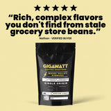 Verified five-star customer review of Gigawatt Wahgi Valley Papua New Guinea coffee, shown with the 10 oz bag