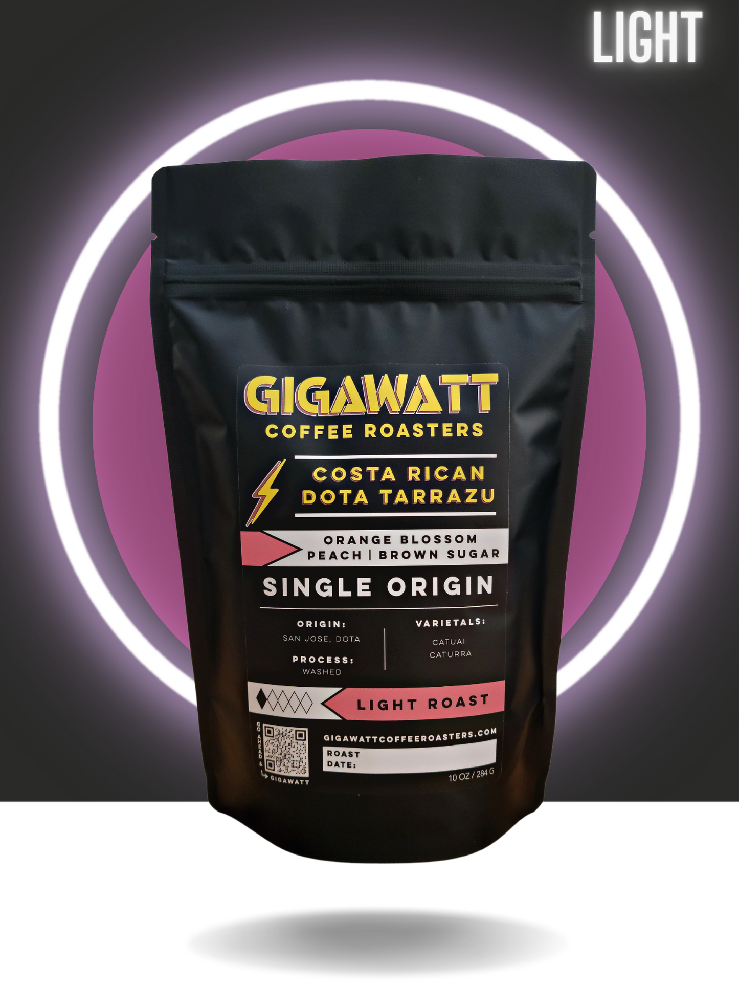 Black bag of Gigawatt Costa Rican Tarrazu, Single Origin Coffee, Light Roast.