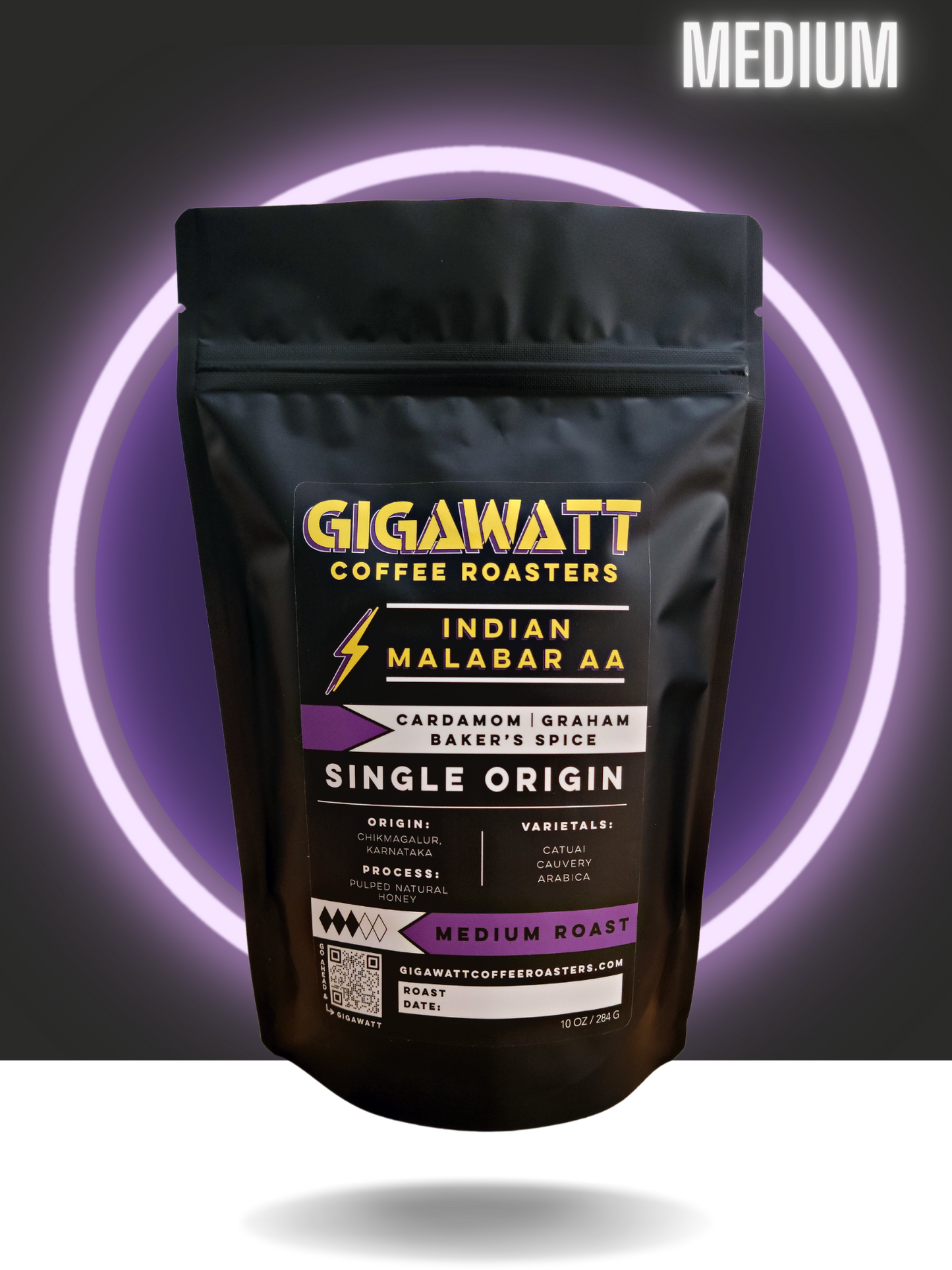 Black bag of Gigawatt Indian Malabar Coffee Monsooned, Medium Roast.