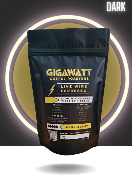 Black bag of Gigawatt Live Wire Espresso Blend, Dark Roast.