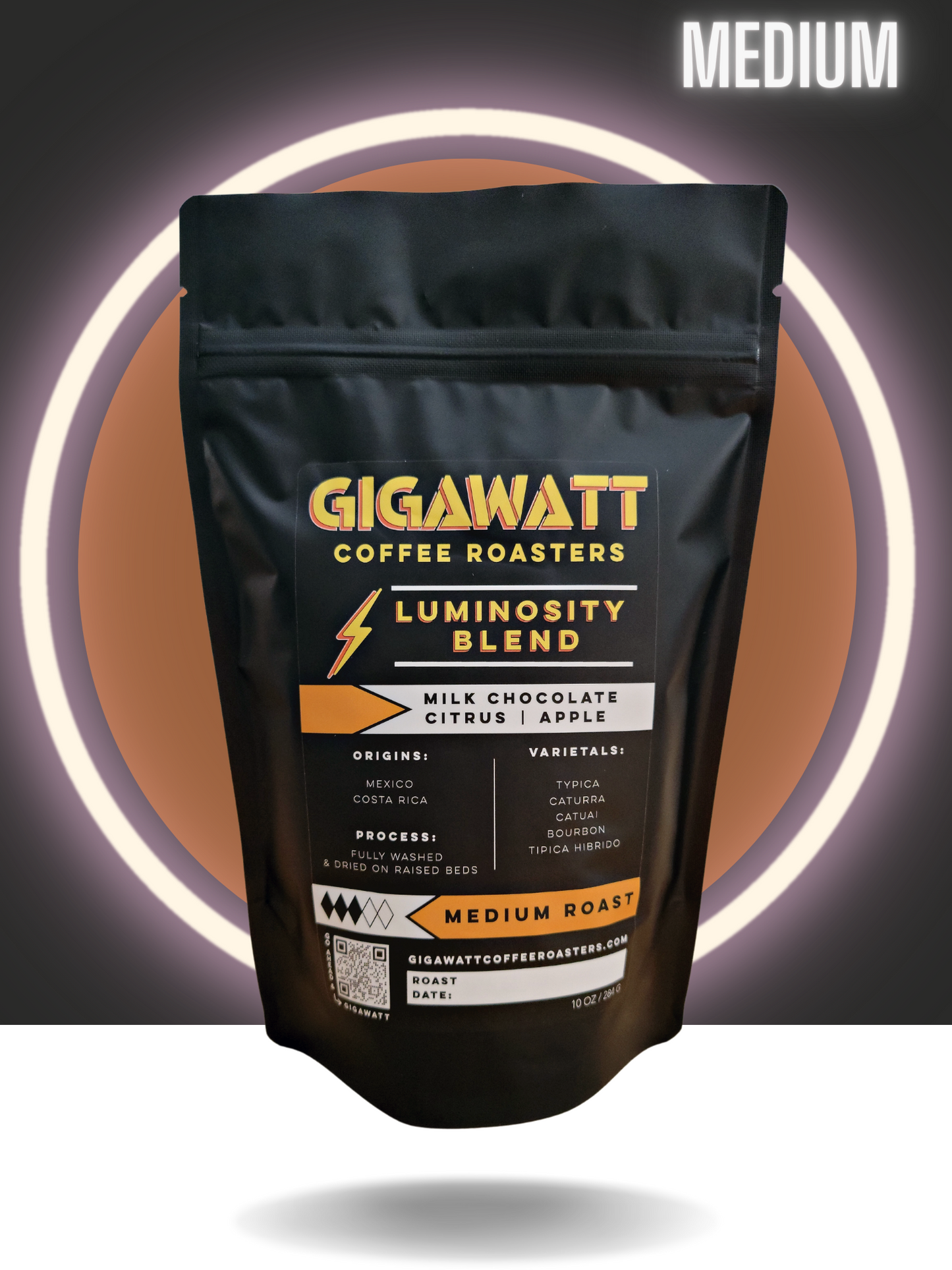 Black Bag of Gigawatt Luminosity Breakfast Blend Coffee, Medium Roast.