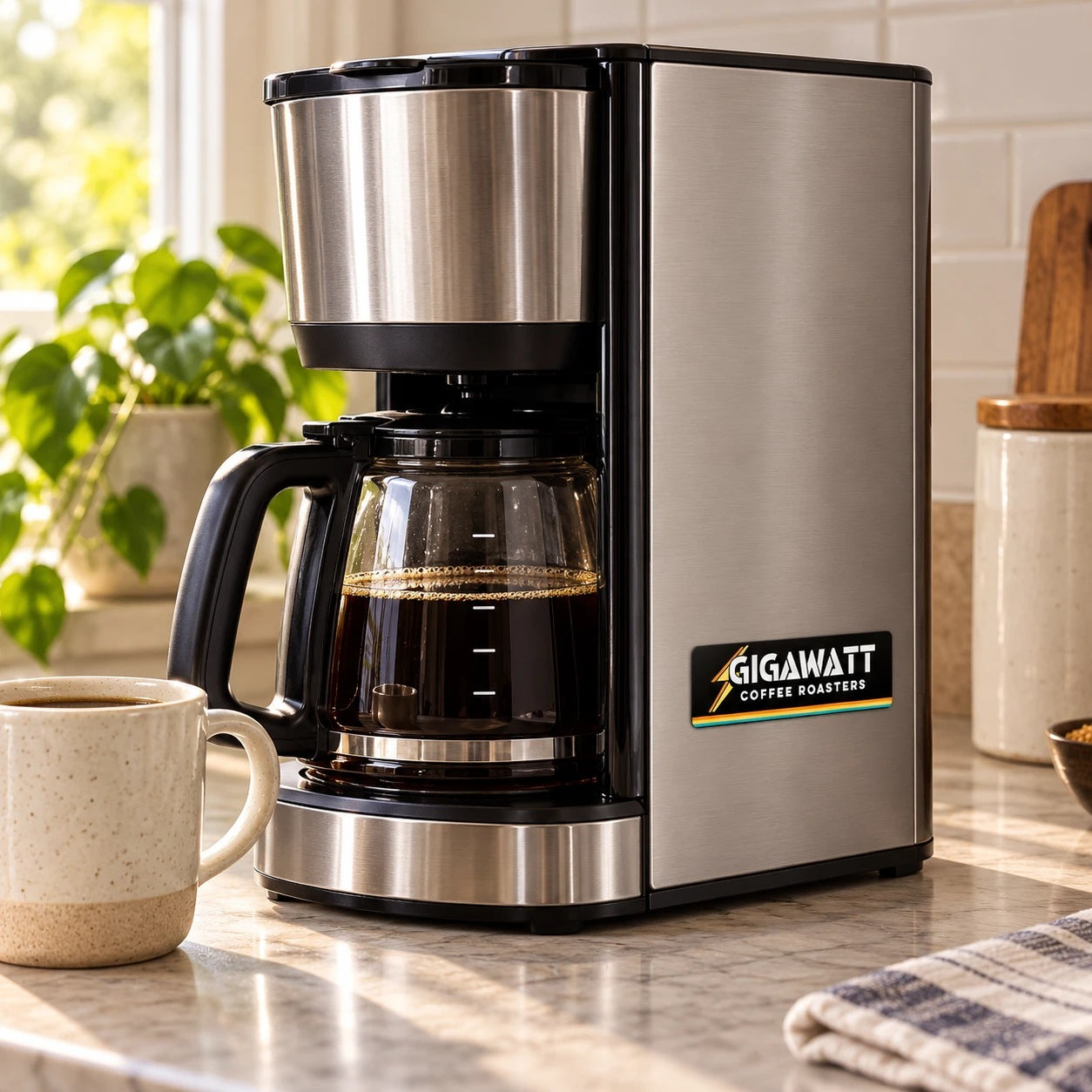 Gigawatt Coffee Roasters mini sticker on the side of a stainless steel drip coffee maker
