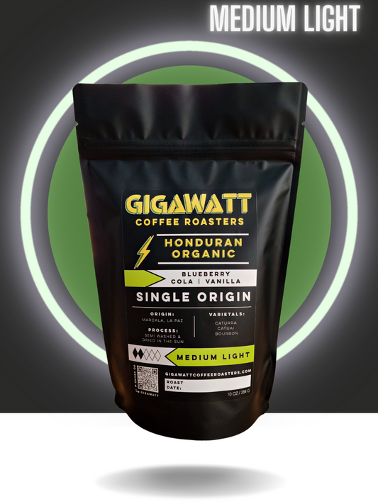 Black bag of Gigawatt Organic Honduran Coffee, Medium Light Roast.