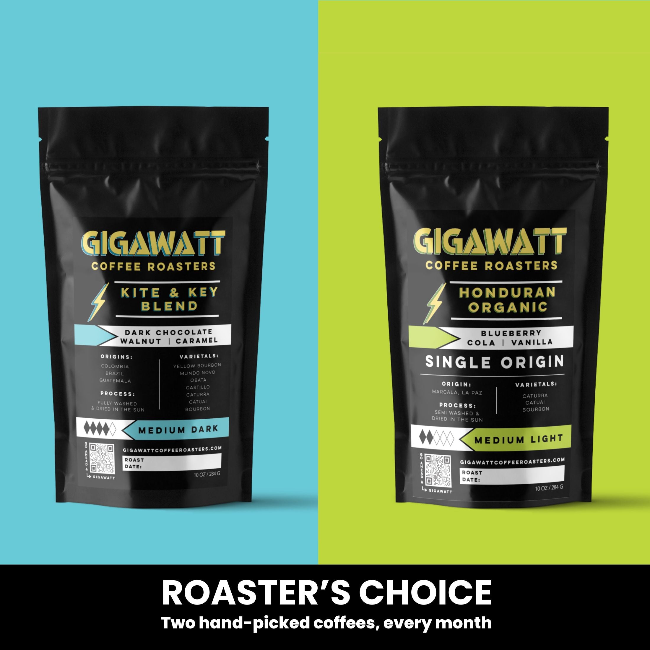 Two Gigawatt coffee bags for the Roaster's Choice gift subscription, a blend and a single origin