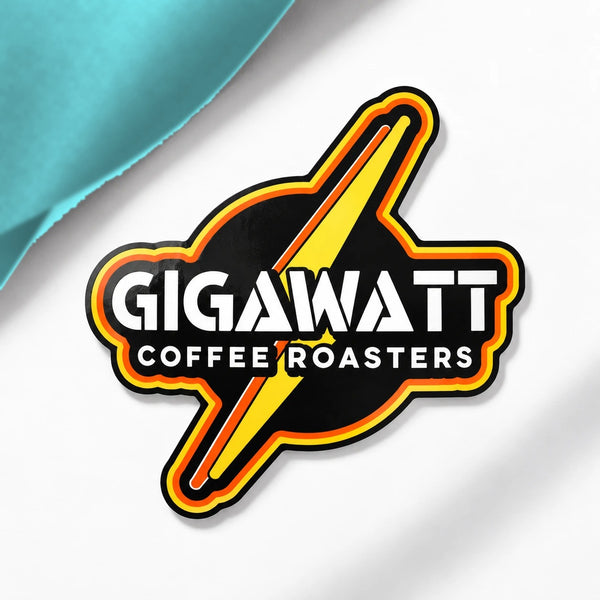Gigawatt Coffee Roasters signature 3 inch die-cut lightning bolt sticker, gloss finish