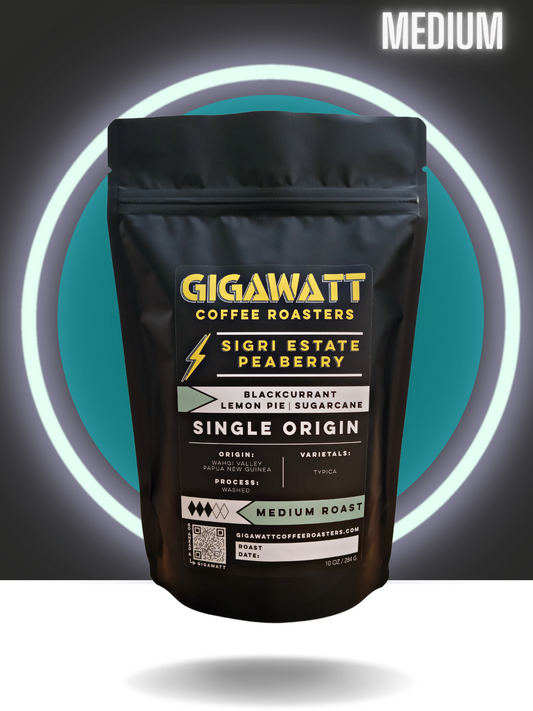Black bag of Gigawatt Sigri Estate Peaberry Coffee from Papua New Guinea, Single Origin, Medium Roast.