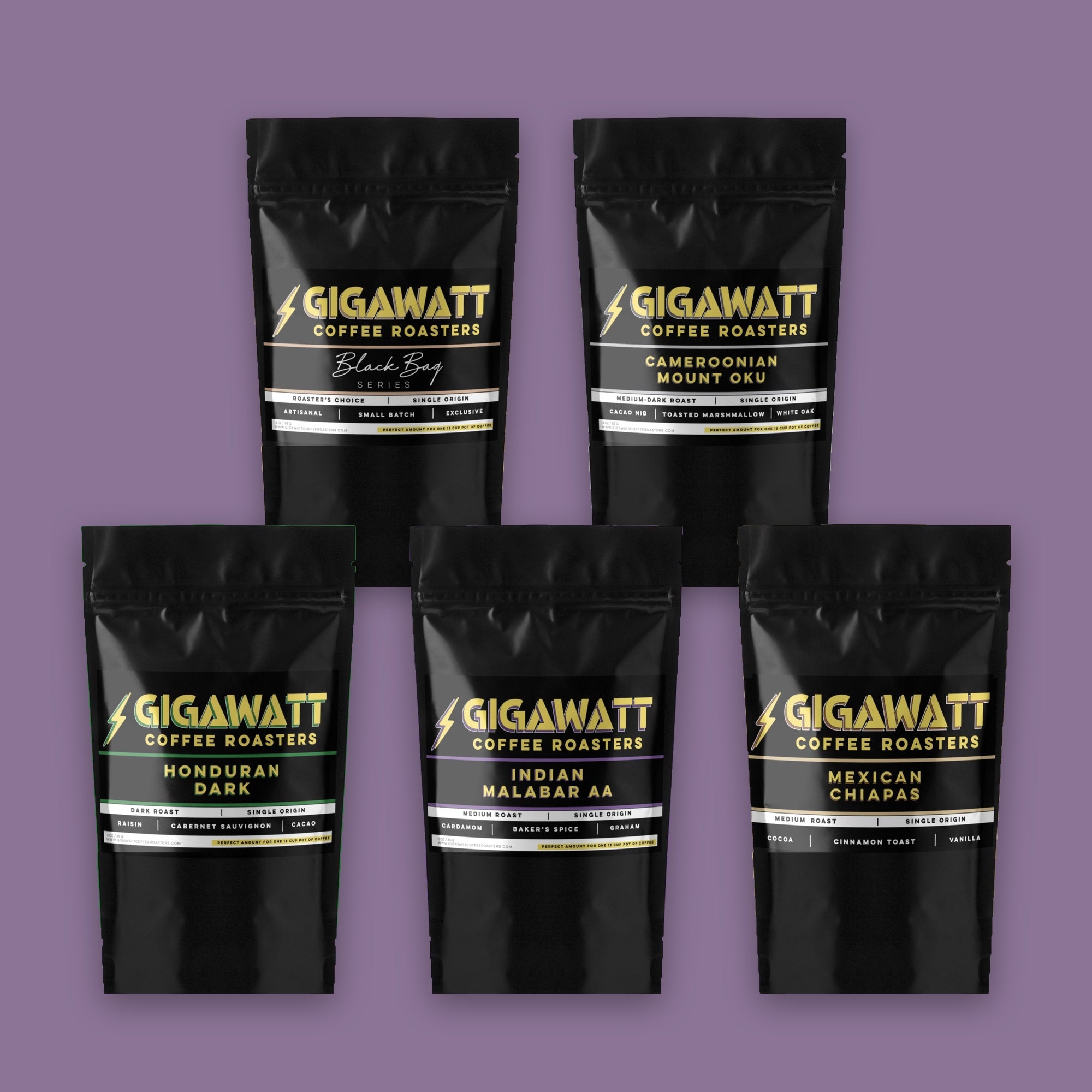 Gigawatt Single Origin Sampler Packs: five black stand-up pouches — Black Bag Series, Cameroonian Mount Oku, Honduran Dark, Indian Malabar AA and Mexican Chiapas, 3 oz each
