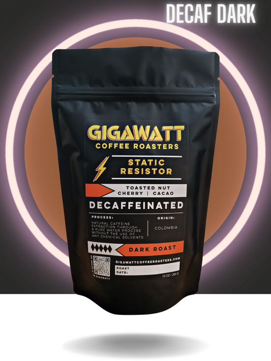 Black bag of Gigawatt Static Resistor Decaf Water Processed Coffee, Dark Roast.