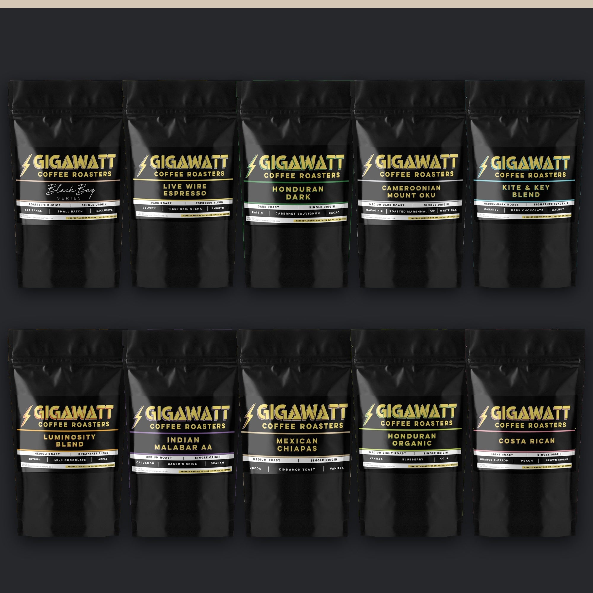 Gigawatt Super Sampler: ten black stand-up pouches, three blends and seven single origins, 3 oz each