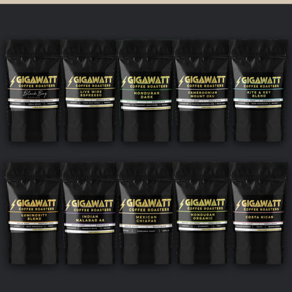 Gigawatt Super Sampler: ten black stand-up pouches, three blends and seven single origins, 3 oz each