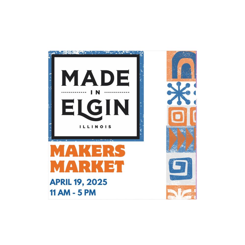 Made in Elgin Spring Makers Market at 40 DuPage St, Elgin, IL on April 19, 2025. Handmade goods, local artisans, and specialty coffee.