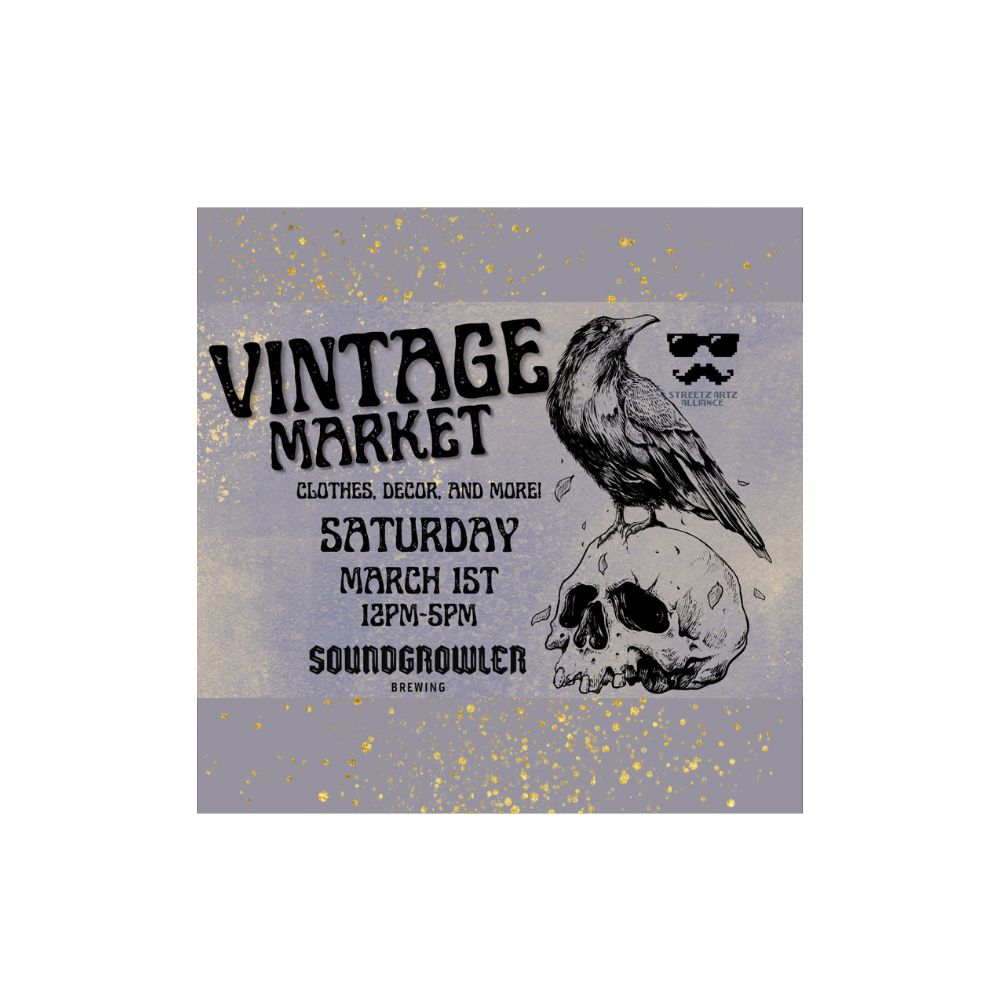 Vintage Market at Soundgrowler Brewing in Tinley Park, IL on March 1, 2025. Shop vintage clothing, home décor, and rare finds while enjoying craft beer.