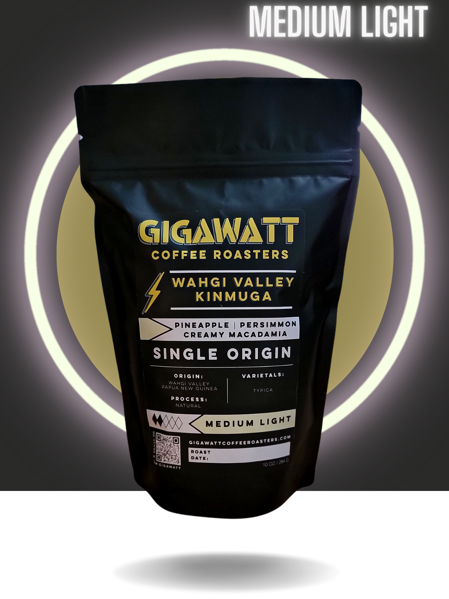 Black bag of Gigawatt Wahgi Valley Papua New Guinea Coffee, Medium Light Roast.