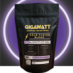 A bag of Gigawatt Coffee Roasters Cold Fusion Blend coffee, with a medium roast recommendation, crafted for iced coffee and cold brew, featuring Indian Monsoon Malabar AA, Brazilian, and Honduran beans.