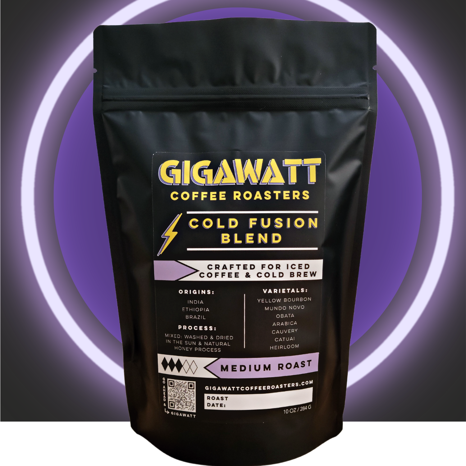 A bag of Gigawatt Coffee Roasters Cold Fusion Blend coffee, with a medium roast recommendation, crafted for iced coffee and cold brew, featuring Indian Monsoon Malabar AA, Brazilian, and Honduran beans.