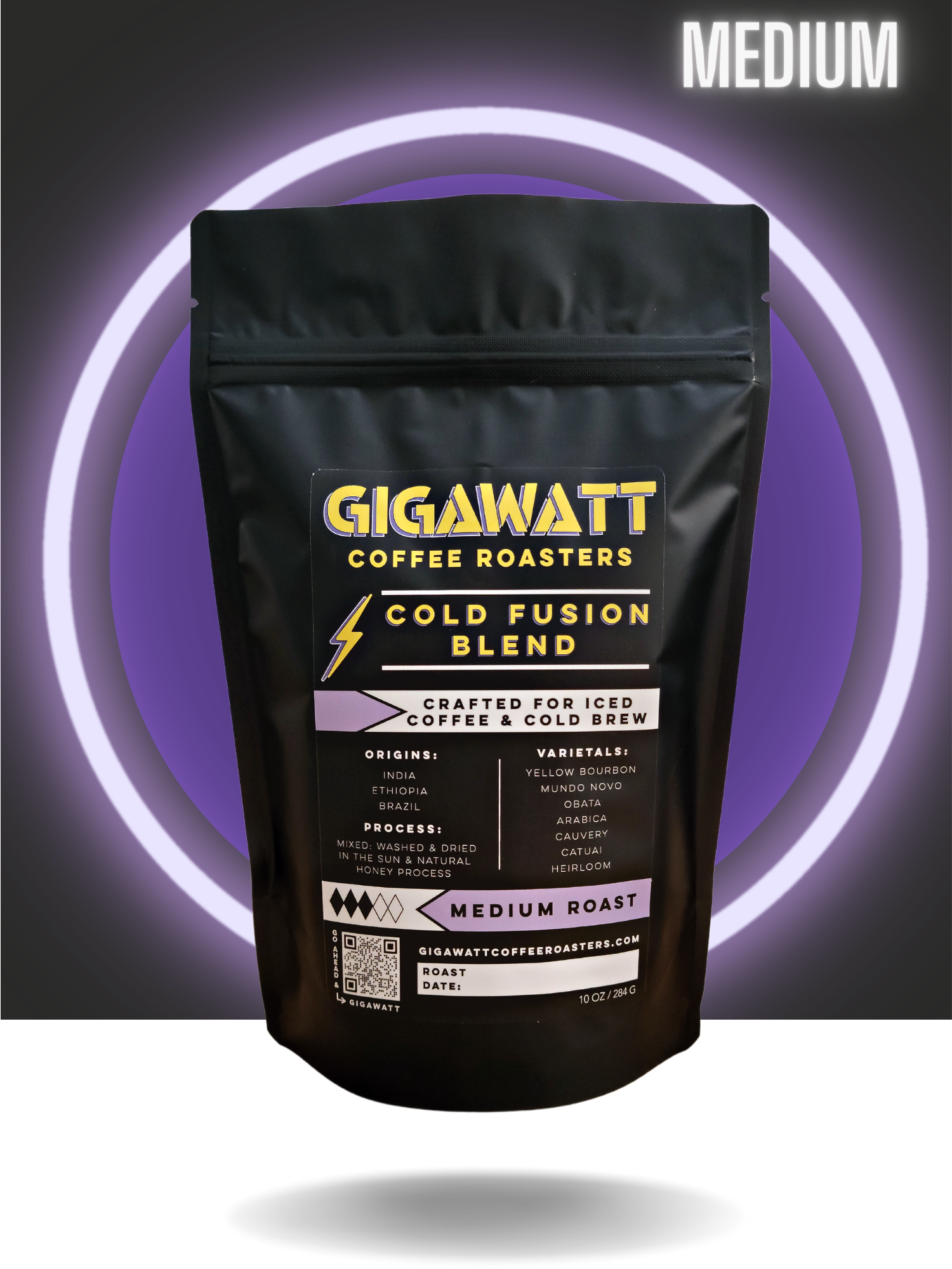 A bag of Gigawatt Coffee Roasters Cold Fusion Blend coffee, with a medium roast recommendation, crafted for iced coffee and cold brew, featuring Indian Monsoon Malabar AA, Brazilian, and Honduran beans.